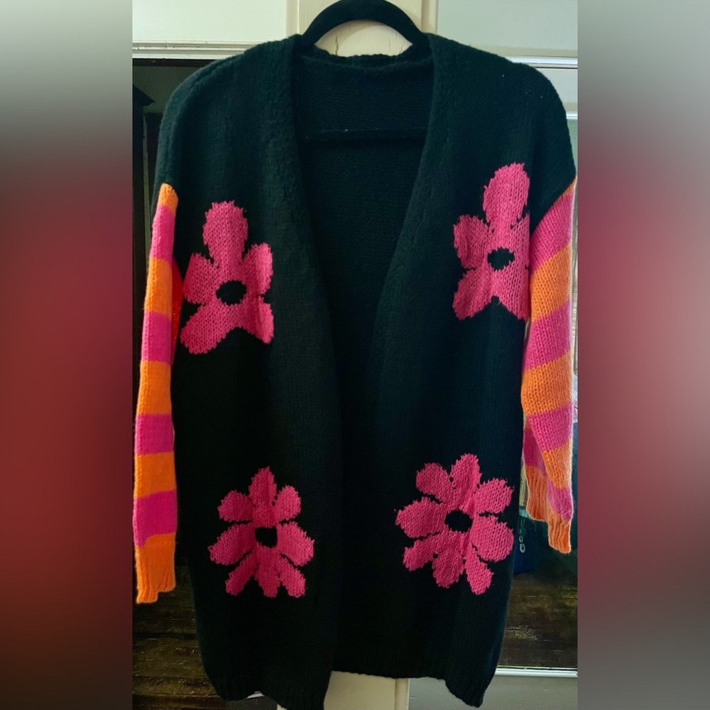 BLACK Pink and Orange Striped and Floral Knit Cardigan Sweater - Picture 6 of 8